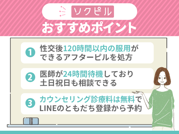 ソクピルは24時間診療対応をしているアフターピル専門のオンライン診療